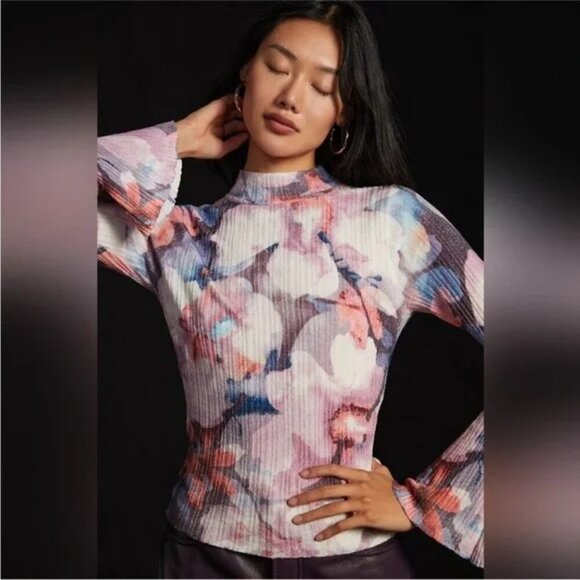 Pilcro Anthropologie Velvet Floral Turtleneck Sweater Top Flared Sleeve S - Picture 1 of 12